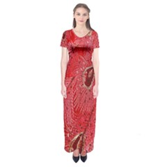 Red Peacock Floral Embroidered Long Qipao Traditional Chinese Cheongsam Mandarin Short Sleeve Maxi Dress