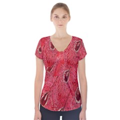 Red Peacock Floral Embroidered Long Qipao Traditional Chinese Cheongsam Mandarin Short Sleeve Front Detail Top