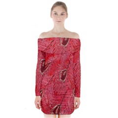 Red Peacock Floral Embroidered Long Qipao Traditional Chinese Cheongsam Mandarin Long Sleeve Off Shoulder Dress