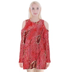 Red Peacock Floral Embroidered Long Qipao Traditional Chinese Cheongsam Mandarin Velvet Long Sleeve Shoulder Cutout Dress