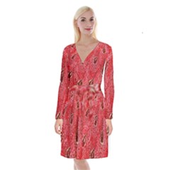 Red Peacock Floral Embroidered Long Qipao Traditional Chinese Cheongsam Mandarin Long Sleeve Velvet Front Wrap Dress