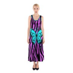 Zebra Stripes Black Pink   Butterfly Turquoise Sleeveless Maxi Dress by EDDArt