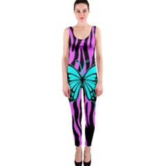 Zebra Stripes Black Pink   Butterfly Turquoise Onepiece Catsuit by EDDArt