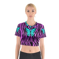 Zebra Stripes Black Pink   Butterfly Turquoise Cotton Crop Top by EDDArt