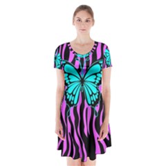 Zebra Stripes Black Pink   Butterfly Turquoise Short Sleeve V-neck Flare Dress by EDDArt