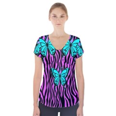 Zebra Stripes Black Pink   Butterfly Turquoise Short Sleeve Front Detail Top by EDDArt