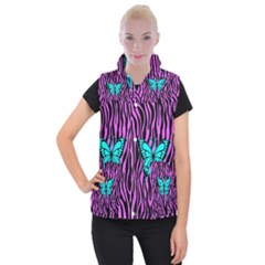 Zebra Stripes Black Pink   Butterfly Turquoise Women s Button Up Puffer Vest by EDDArt