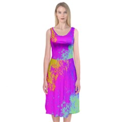 Grunge Radial Gradients Red Yellow Pink Cyan Green Midi Sleeveless Dress by EDDArt