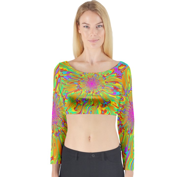 Magic Ripples Flower Power Mandala Neon Colored Long Sleeve Crop Top