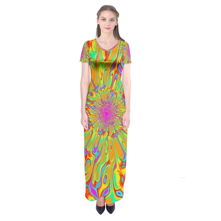 Magic Ripples Flower Power Mandala Neon Colored Short Sleeve Maxi Dress