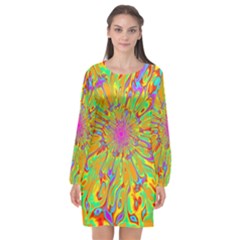 Magic Ripples Flower Power Mandala Neon Colored Long Sleeve Chiffon Shift Dress 