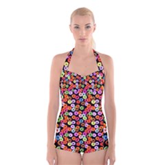 Colorful Yummy Donuts Pattern Boyleg Halter Swimsuit  by EDDArt