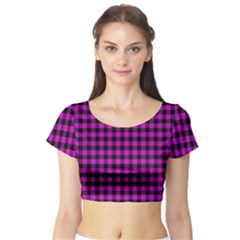 Lumberjack Fabric Pattern Pink Black Short Sleeve Crop Top (tight Fit) by EDDArt