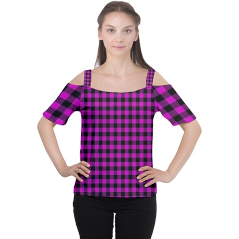 Lumberjack Fabric Pattern Pink Black Women s Cutout Shoulder Tee by EDDArt