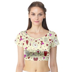 Valentinstag Love Hearts Pattern Red Yellow Short Sleeve Crop Top (tight Fit) by EDDArt