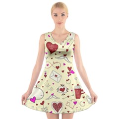 Valentinstag Love Hearts Pattern Red Yellow V-neck Sleeveless Skater Dress by EDDArt