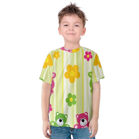 Animals Bear Flower Floral Line Red Green Pink Yellow Sunflower Star Kids  Cotton Tee by Mariart