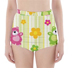 Animals Bear Flower Floral Line Red Green Pink Yellow Sunflower Star High-waisted Bikini Bottoms by Mariart