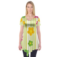 Animals Bear Flower Floral Line Red Green Pink Yellow Sunflower Star Short Sleeve Tunic  by Mariart