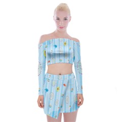 Animals Whale Sunflower Ship Flower Floral Sea Beach Blue Fish Off Shoulder Top With Skirt Set