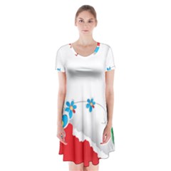 Flower Floral Papper Butterfly Star Sunflower Red Blue Green Leaf Short Sleeve V-neck Flare Dress by Mariart