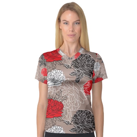 Flower Rose Red Black White Women s V-neck Sport Mesh Tee by Mariart