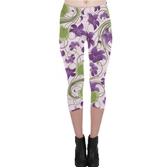 Flower Sakura Star Purple Green Leaf Capri Leggings 