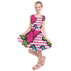 Rose Floral Circle Line Polka Dot Leaf Pink Blue Green Kids  Short Sleeve Dress