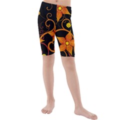 Star Leaf Orange Gold Red Black Flower Floral Kids  Mid Length Swim Shorts