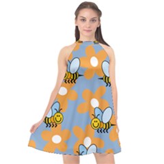 Wasp Bee Honey Flower Floral Star Orange Yellow Gray Halter Neckline Chiffon Dress 