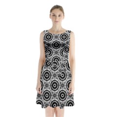 Geometric Black And White Sleeveless Chiffon Waist Tie Dress