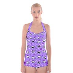 Cute skulls  Boyleg Halter Swimsuit 