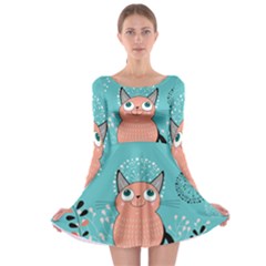 Cat Face Mask Smile Cute Leaf Flower Floral Long Sleeve Skater Dress