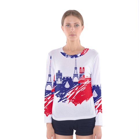 Eiffel Tower Monument Statue Of Liberty France England Red Blue Women s Long Sleeve Tee by Mariart