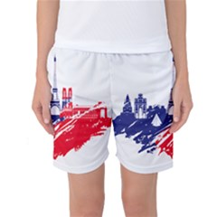 Eiffel Tower Monument Statue Of Liberty France England Red Blue Women s Basketball Shorts by Mariart