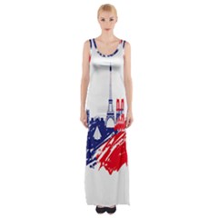 Eiffel Tower Monument Statue Of Liberty France England Red Blue Maxi Thigh Split Dress