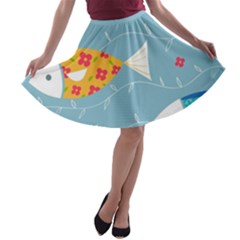 Fish Cute Swim Blue Sea A-line Skater Skirt by Mariart