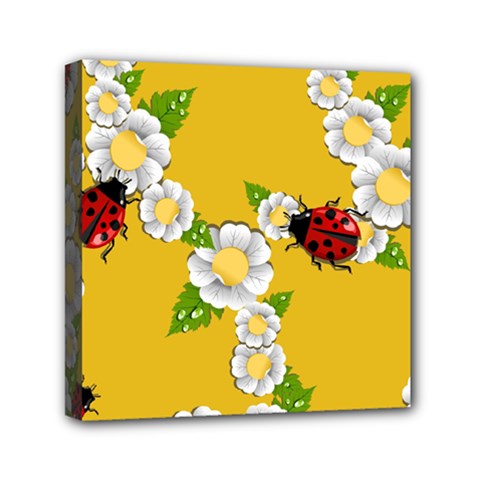 Flower Floral Sunflower Butterfly Red Yellow White Green Leaf Mini Canvas 6  x 6 
