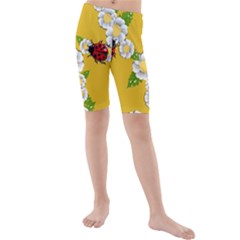 Flower Floral Sunflower Butterfly Red Yellow White Green Leaf Kids  Mid Length Swim Shorts