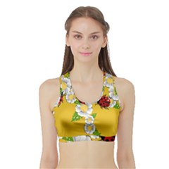 Flower Floral Sunflower Butterfly Red Yellow White Green Leaf Sports Bra with Border