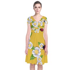 Flower Floral Sunflower Butterfly Red Yellow White Green Leaf Short Sleeve Front Wrap Dress