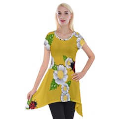 Flower Floral Sunflower Butterfly Red Yellow White Green Leaf Short Sleeve Side Drop Tunic