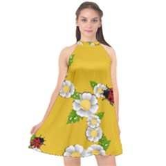 Flower Floral Sunflower Butterfly Red Yellow White Green Leaf Halter Neckline Chiffon Dress 