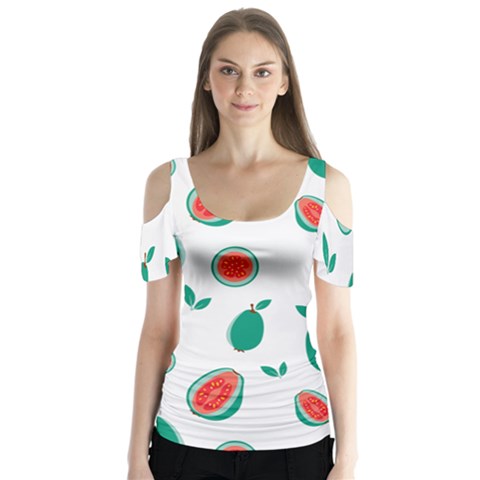 Fruit Green Red Guavas Leaf Butterfly Sleeve Cutout Tee  by Mariart