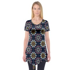 Floral Flower Star Blue Short Sleeve Tunic  by Mariart