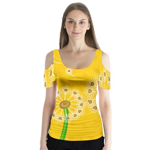 Leaf Flower Floral Sakura Love Heart Yellow Orange White Green Butterfly Sleeve Cutout Tee  by Mariart