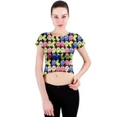 Pacman Seamless Generated Monster Eat Hungry Eye Mask Face Color Rainbow Crew Neck Crop Top by Mariart