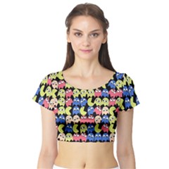 Pacman Seamless Generated Monster Eat Hungry Eye Mask Face Color Rainbow Short Sleeve Crop Top (tight Fit) by Mariart