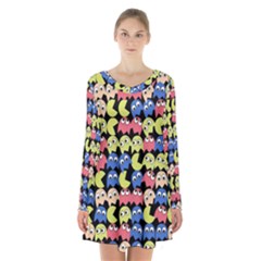 Pacman Seamless Generated Monster Eat Hungry Eye Mask Face Color Rainbow Long Sleeve Velvet V-neck Dress by Mariart