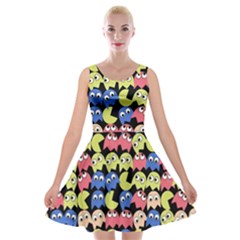 Pacman Seamless Generated Monster Eat Hungry Eye Mask Face Color Rainbow Velvet Skater Dress by Mariart
